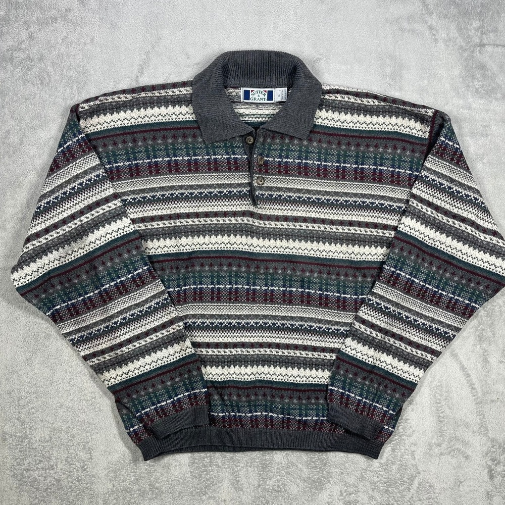 Sutter & Grant Polo Sweater Mens XL Gray Fair Isle Cotton Knit Made in USA